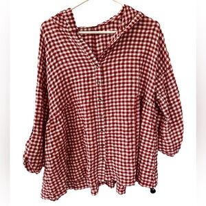 Easel Hooded Gingham Long Sleeve Boutique Blouse